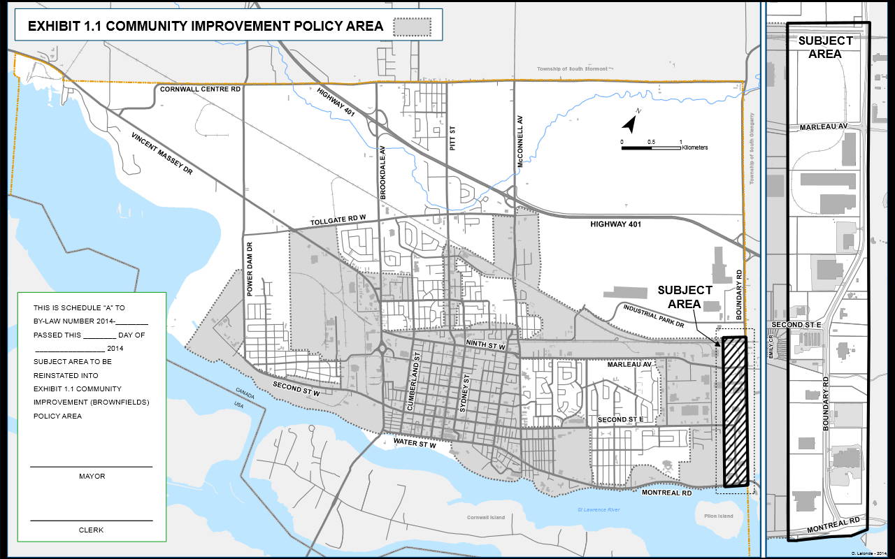 Cornwall's Planning Advisory Committee will consider adding this strip of land along Boundary Road (cross-hatched in the diagram) to be eligible for brownfield development incentive programs at a public meeting Monday Nov. 17. (City of Cornwall)