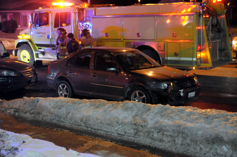 This Volkswagen Jetta has front end damage after a two vehicle crash on McConnell Ave. at Eleventh Street East on Jan 21, 2015. (Cornwall Newswatch/Bill Kingston)