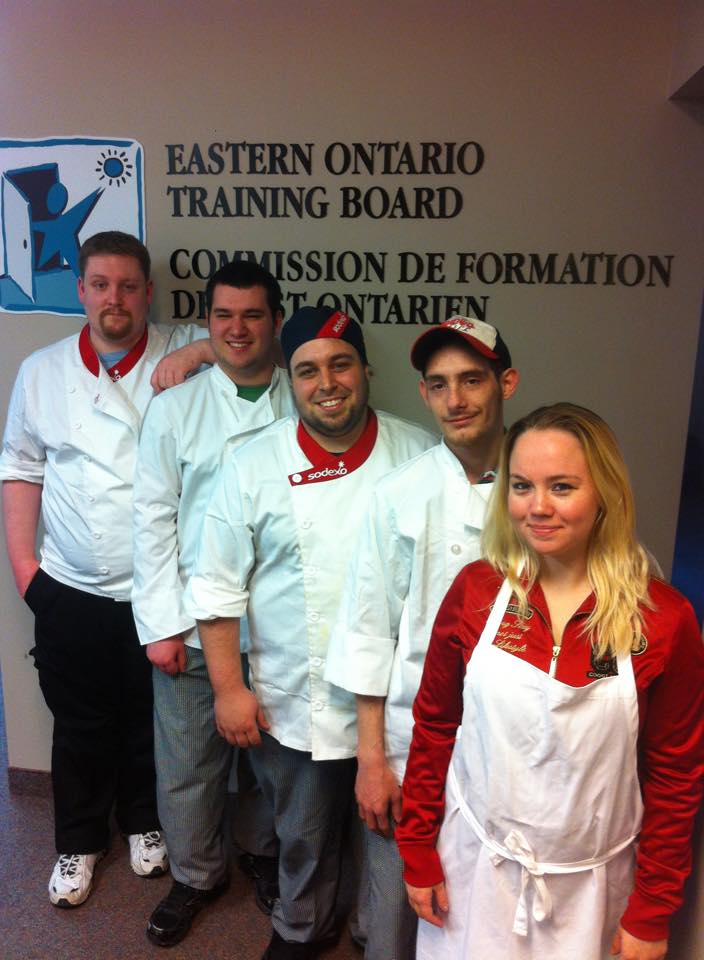 Six grads from the EOTB Kitchen Helper program are now part of the workforce. They are, from left, Daniel Ward, Brendan Graveley, Guy Gougeon, Matthew Derouchie-Delorme, Chaney Lauzon and Jessica Neville (not pictured due to commitments at her new job). (Photo/EOTB)
