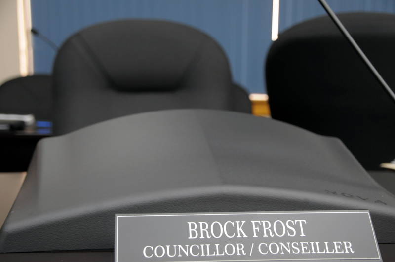 Coun. Brock Frost's empty council seat on June 8, 2015. The Cornwall councillor has told the media he is resigning as of July 1, 2015. (Cornwall Newswatch/Bill Kingston)