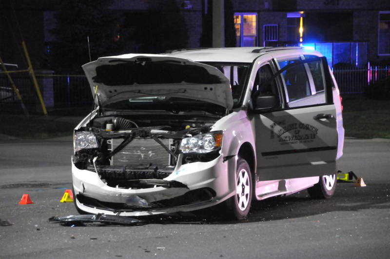 A passenger in this van has died of their injuries in hospital after a two-vehicle crash at the intersection of Cumberland and Water Streets on July 21, 2015. (Cornwall Newswatch/Bill Kingston)