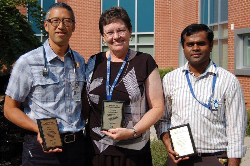 The excellence award winners at the Winchester hospital are, from left, Dr. Chuck Su, Janice Hyndman and Sudheesh Ojili. (Photo/Supplied)